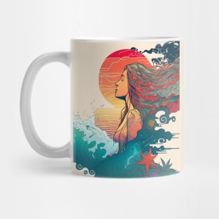 Ocean Waves And Girl With A Smiley Face, Hippie Style Mug